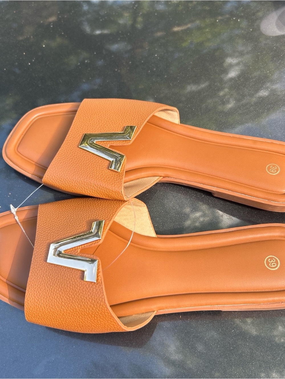 Women's Orange Slide Sandals with Gold V Accent